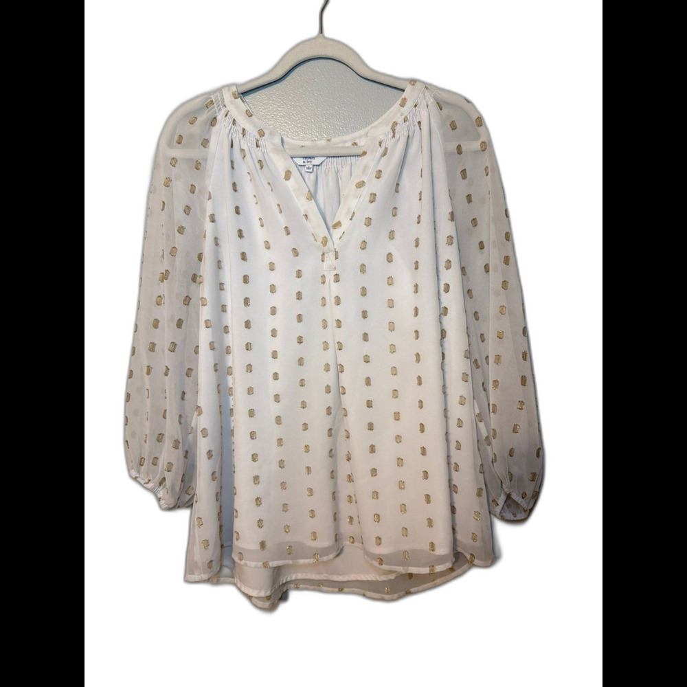 Women's white gold dot long sleeve v-neck blouse